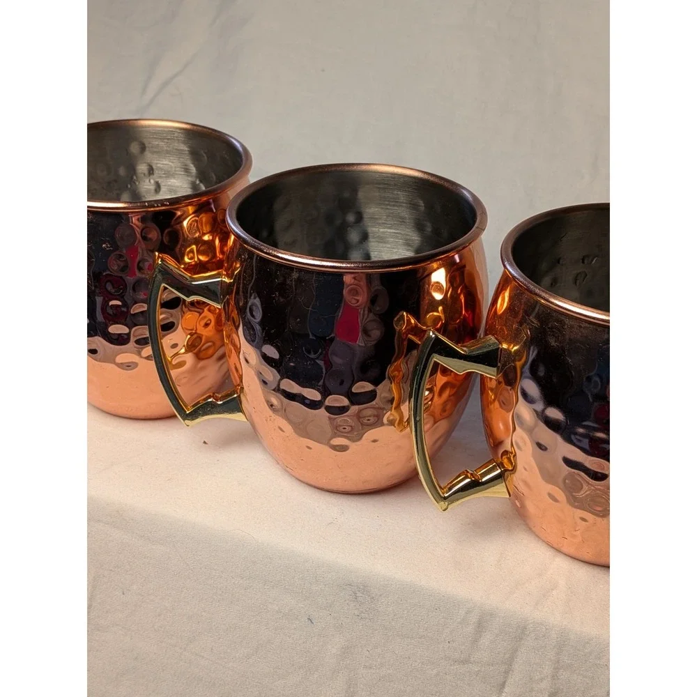 Eco-One Hammered Copper Moscow Mule Mugs Set of 4 Stainless Steel Gold Handle